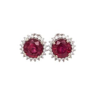 Madagascar Ruby Earrings in Solid 14K White Gold with Natural Diamond Halo